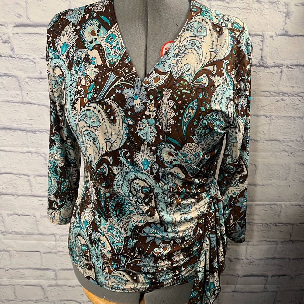 Dress barn brown and aqua print on cream background Size XL